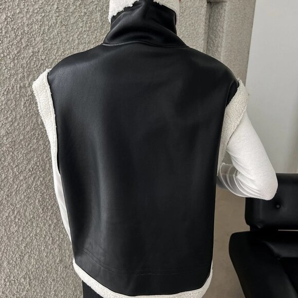 Black And White Boho Womens Contrast Trim Zip Up PU Vest Coat - Picture 3 of 6